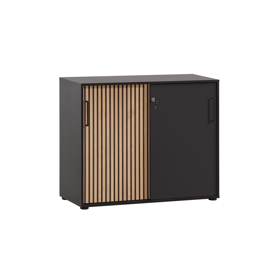 PROREGAL Aktenschrank Raven Large in Eiche-dunkel und Schwarz mit 2 abschließbaren Schiebetüren und Akustikpaneelen, H x B x T: 84 x 100 x 41 cm - Bild 2