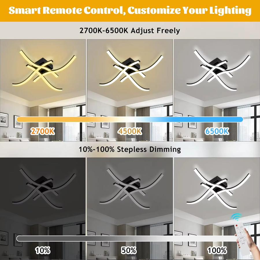 LCMKR LED-Deckenleuchte in Schwarz mit gebogenem Wellendesign, dimmbar und mit einstellbarer Farbtemperatur (CCT) für Schlafzimmer, Esszimmer, Flur oder Balkon - Bild 2