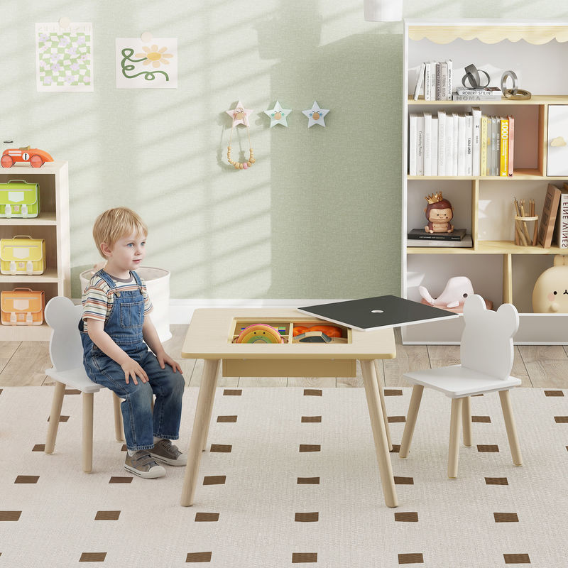 AIYAPLAY Kindertisch-Set mit 2 Stühlen in Naturholz, Kindersitzgruppe mit Stauraum und umklappbarer Tischplatte für Kinder von 3-6 Jahren, Farbe: Braun/Beige - Bild 2
