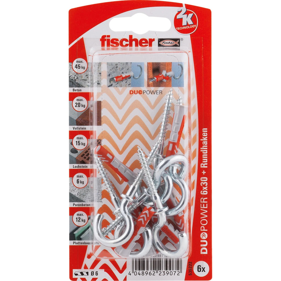 Fischer DuoPower Dübel mit Rundhaken, Ø 6 mm x 30 mm, 6 Stück, mehrfarbig - Bild 2