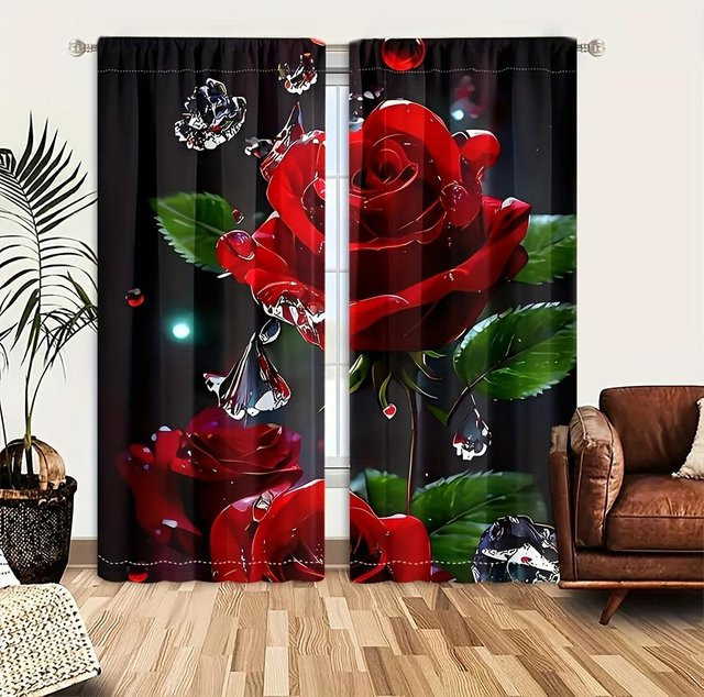 Yiran Furniture Sichtschutz Wohnzimmervorhang mit rotem Rosenmuster, 2er-Set, transparent, B: 50 cm, H: 130 cm - Bild 1