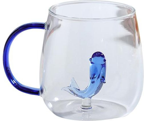 Handgefertigtes Glas Trinkglas mit Delfin-Form und buntem Henkel, Transparent - Bild 1