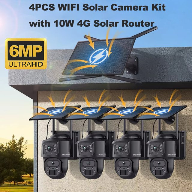 SHIWOJIA Solar Sicherheitssystem Kit mit 4 Kameras, 6MP WiFi und 4G Solar Router, Schwarz, mit 2-Wege-Gespräch und Nachtsicht - Bild 1
