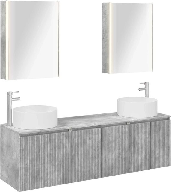 vidaXL Badezimmerschrank-Set 5-teilig in Betongrau, modern mit Waschtischunterschrank, Spiegelschrank und LED-Beleuchtung, MDF matt - Bild 1