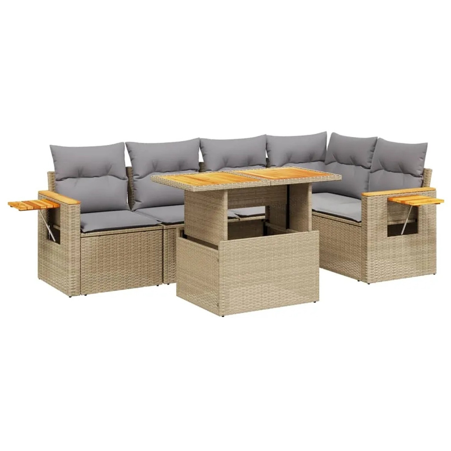 vidaXL 6-teilige Garten-Sofagarnitur in L-Form mit Kissen, Beige, Poly-Rattan und Akazienholz - Bild 2