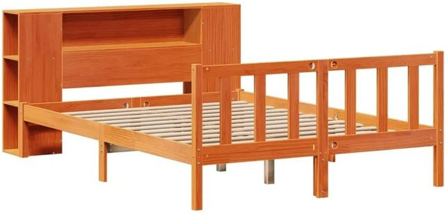 vidaXL Massivholzbett aus Kiefernholz mit Regal in Braun, B/T/H: 140 x 190 x 82 cm - Bild 1