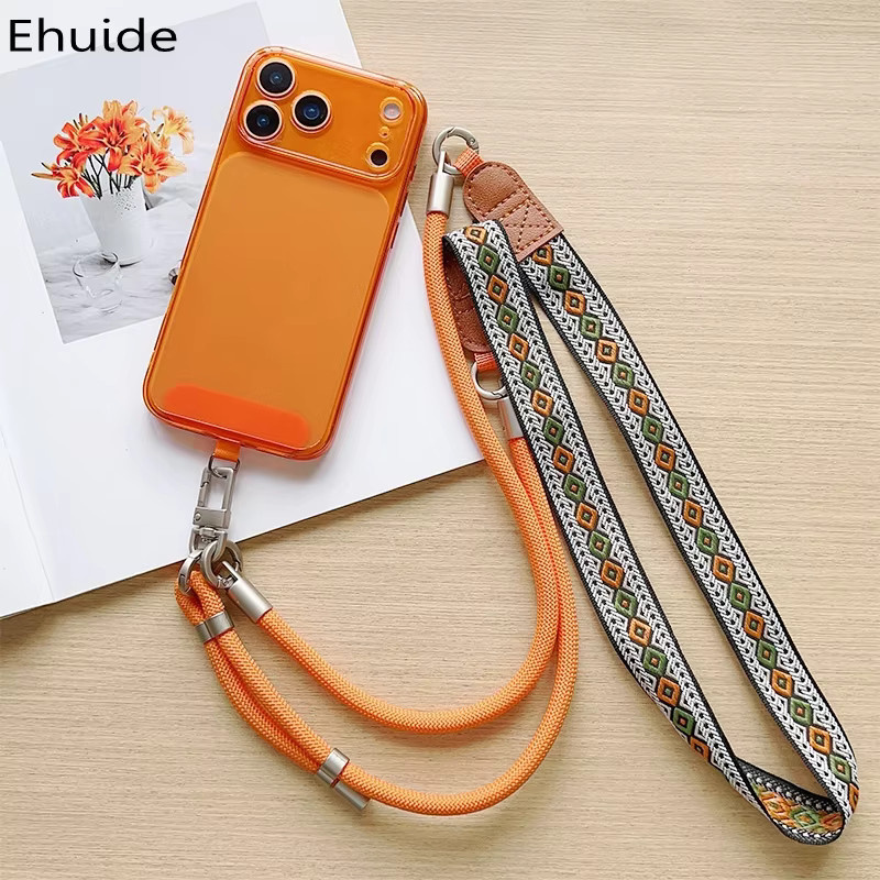 EHUIDE Retro Lanyard Umhängetasche im Ethno-Stil mit Handschlaufe, verstellbares Reiseseil für Handyhüllen, Orange/Multicolour, Länge: 130 cm - Bild 1