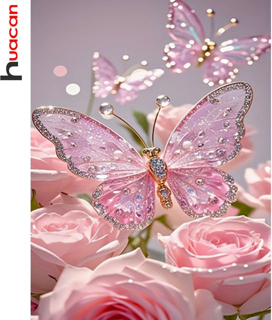 Huacan Volldiamantgemälde Schmetterling und Rose als Diamant Mosaik Wandbild mit floralen und tierischen Motiven, Breite: 30 cm, Höhe: 20 cm - Bild 1