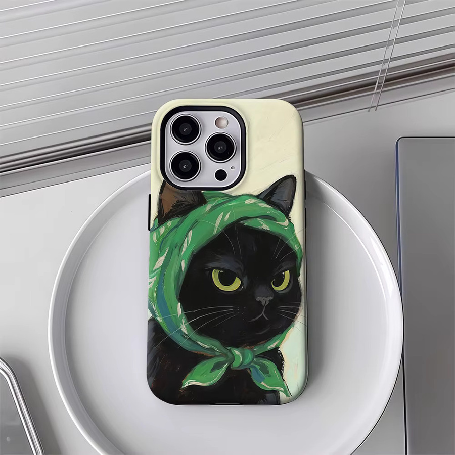 Potdemiel Handyhülle mit Schwarzer Katze und grünem Kopftuch für iPhone 17 16 15 14 13 12 Pro Max Plus, Schwarz - Bild 3