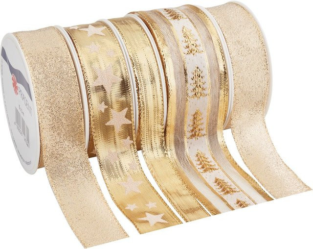 Geschenkband-Set PRÄSENT Weihnachten in Gold mit Sternen und Tannenbäumen - Bild 1