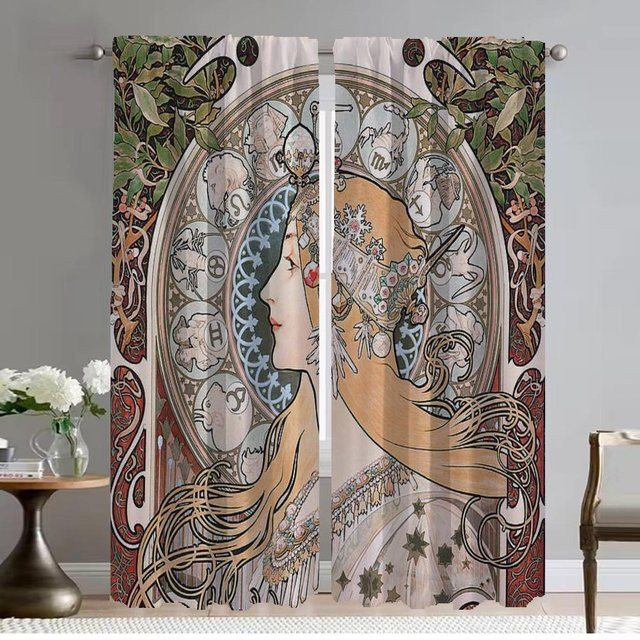 Mucha Fenster Vorhänge Set mit 2 Paneelen, halbtransparentes Design, Mehrfarbig, Breite: 50 cm, Höhe: 70 cm - Bild 1