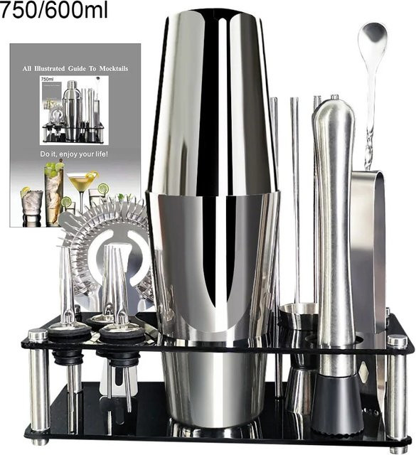 XINGZHAOHOME 13-teiliges Cocktail-Shaker-Set aus Edelstahl in Schwarz und Silber mit 750 ml Shaker, Jigger, Löffel und Ausgießer sowie Ständer - Bild 1