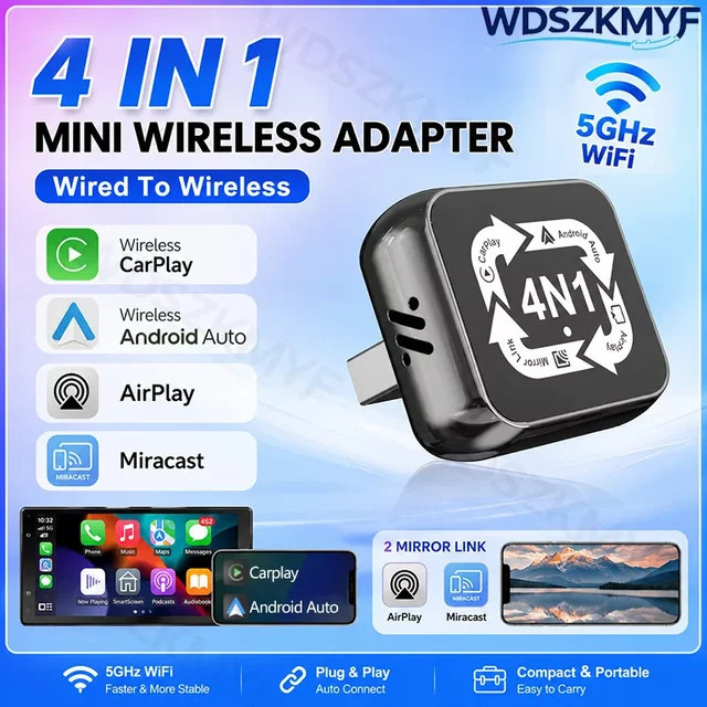 WDSZKMYF 4-in-1 Smart Box Kabelloser CarPlay und Android Auto Adapter mit kabelgebundenem CarPlay in Schwarz - Bild 1