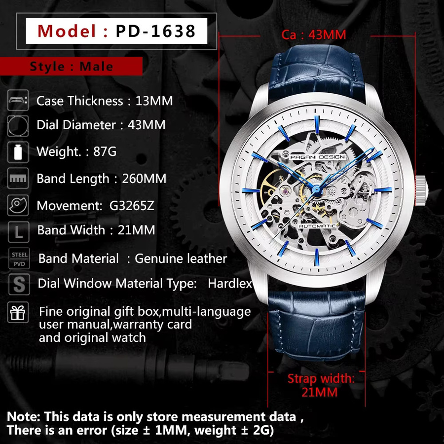 PAGANI DESIGN Armbanduhr, Automatik, Edelstahl, Leder, Schwarz, Herren - Bild 3