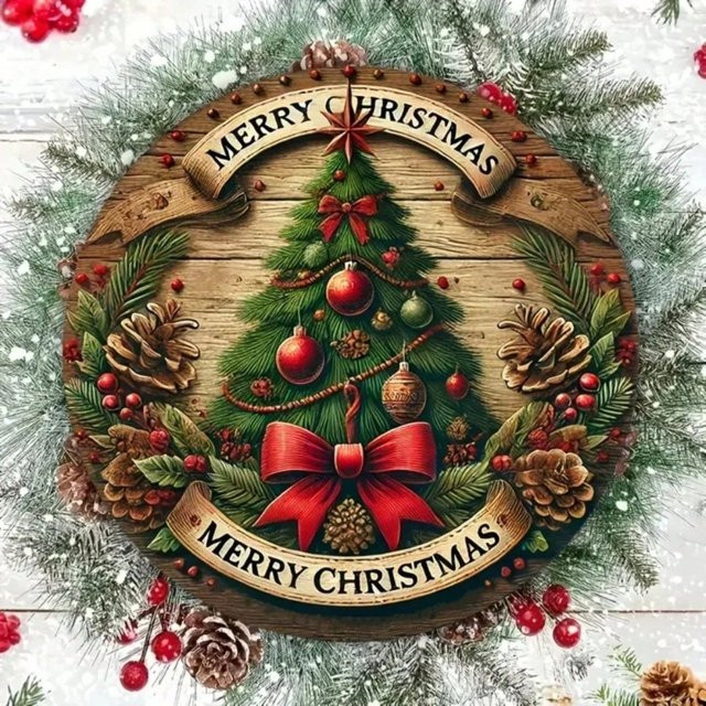 CIFBUY Vintage Weihnachtsbaum-Metallschild rund mit Folien-Gravur für die Wanddekoration im Landhausstil - Bild 1