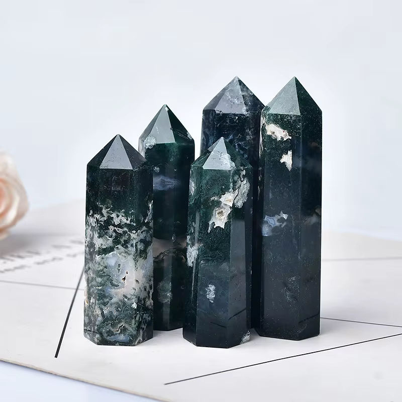 RYCRYSTAL Moos Achat Kristall Punkt in Grün als dekorativer Heilstein und Obelisk für deine Aquarien- oder Wasseranlage - Bild 2