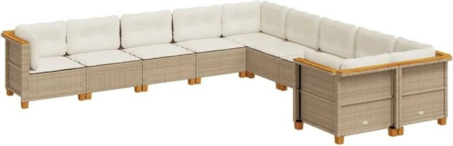 vidaXL 10-teilige Garten-Sofagarnitur in L-Form aus Poly-Rattan und Akazienholz mit Kissen, Beige - Bild 1
