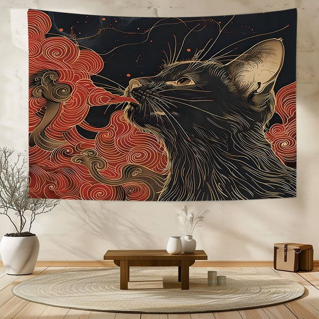 RoarGosh Wandteppich aus Textil mit japanischer Ukiyo-e Kunst, Katze und Wellen-Motiv, Mehrfarbig, Breite: 70 cm, Höhe: 70 cm - Bild 1