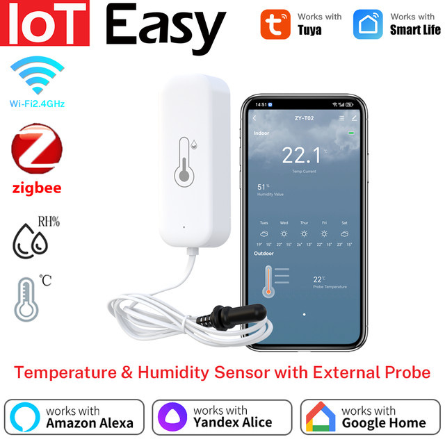 Tuya WiFi Zigbee Temperatur- und Feuchtigkeitssensor mit externer Sonde, intelligentes Thermometer und Hygrometer in Weiß, kompatibel mit Google Home und Smart Life - Bild 1