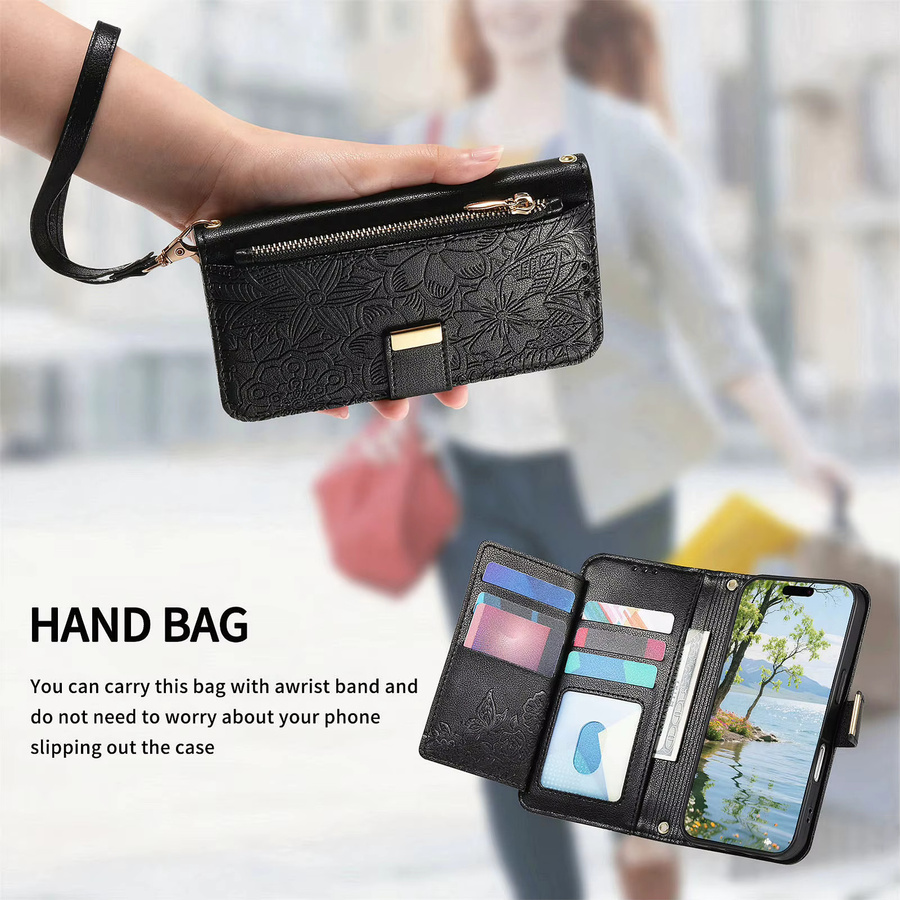 Handtaschen-Handyhülle mit Blumenmuster aus PU-Leder für Google Pixel 10 Pro XL, 10A, 9A und 9 mit Reißverschluss, Kartenfach und Handgelenkband in Schwarz oder Grau - Bild 4