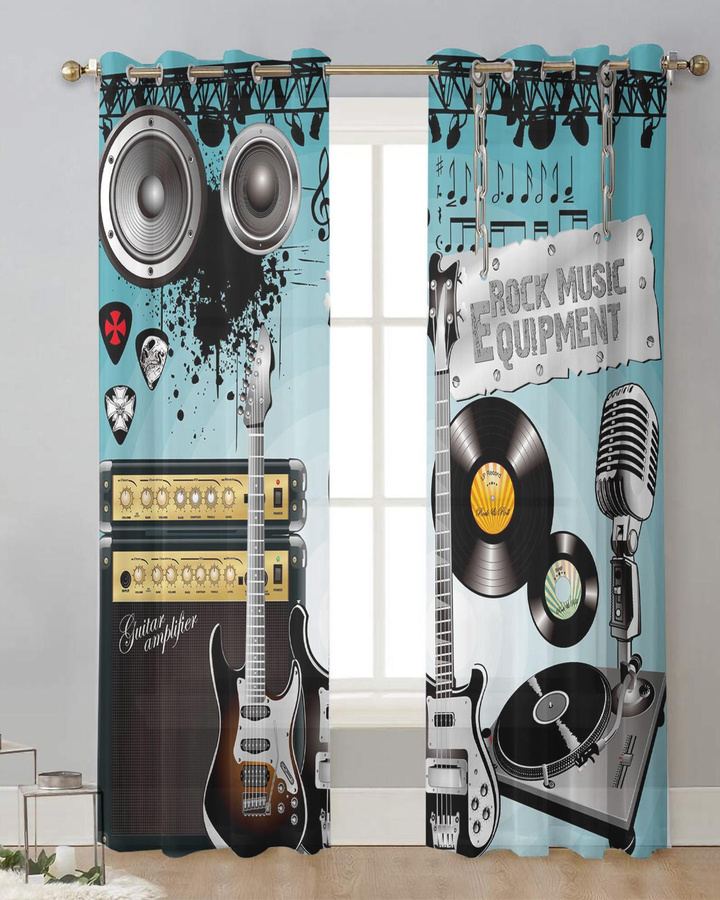 Transparente Rockmusik Vorhänge mit Lautsprecher und Gitarren-Motiv aus Tüll, Voile und Organza, B: 135 cm, H: 115 cm - Bild 2
