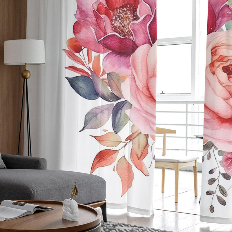 Transparente Chiffon-Fenstervorhänge mit floralem Blütenknospen- und Blatt-Design von Super Six in Weiß, Breite: 135 cm, Höhe: 114 cm - Bild 2