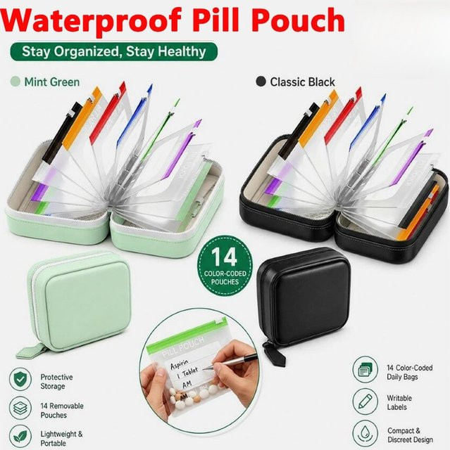 Wasserdichtes Pillenbeutel-Set mit 14 farbcodierten Beuteln in Multicolour und beschreibbaren Etiketten für deine täglichen Medikamente und Vitamine - Bild 1