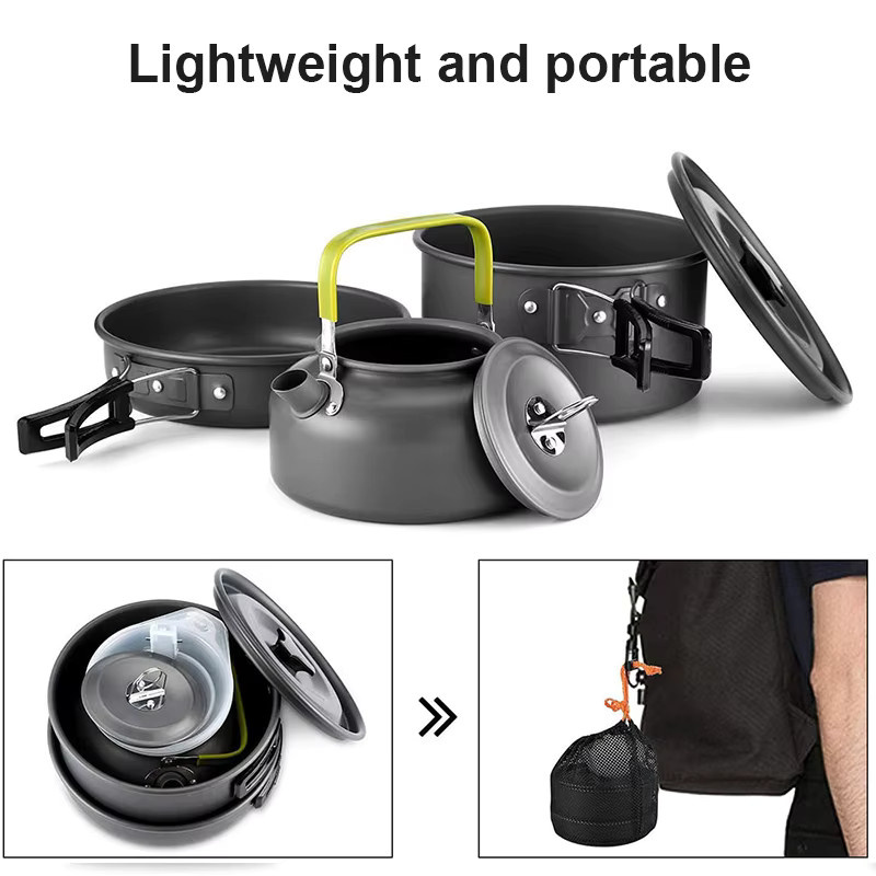 9-teiliges Camping-Kochgeschirr-Set von LONENESSL aus Aluminium mit Pfanne, Topf und Wasserkessel für Outdoor und Wandern - Bild 5