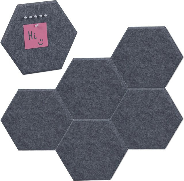 Relaxdays Filzpinnwand Sechseck aus Filz Grau, 6er Set, Selbstklebend, B: 26 cm, T: 30 cm, H: 0,9 cm - Bild 1