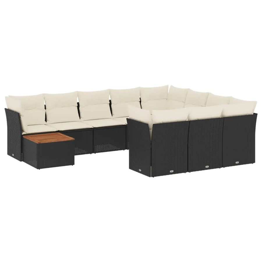 vidaXL 11-teilige Garten-Sofagarnitur in L-Form aus Polyrattan und Akazienholz mit Kissen in Schwarz-Creme - Bild 2