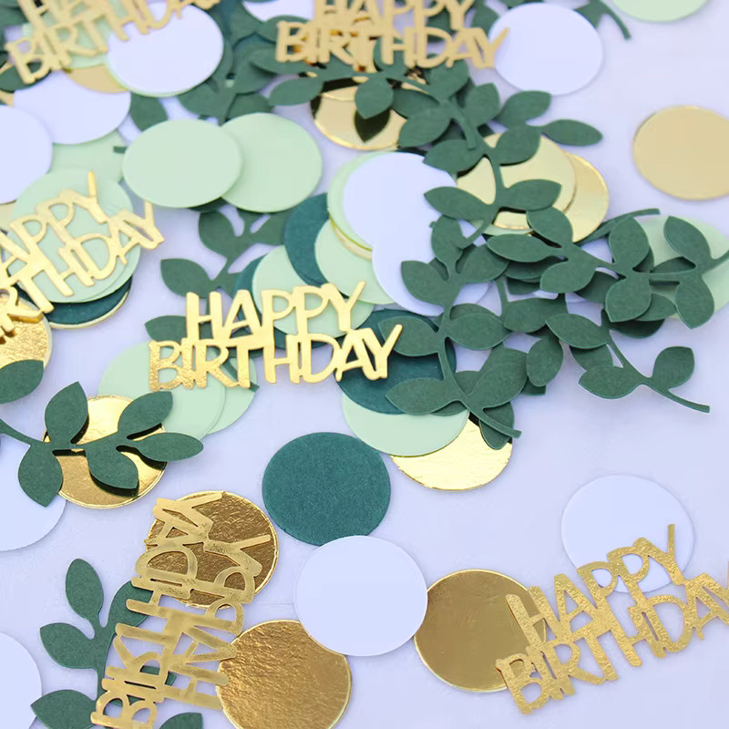 VRISE Geburtstagsparty Konfetti aus Papier, 120 Stück, Gold und Grün, Kreisförmiges Design mit Blättern und Alles Gute zum Geburtstag Schriftzug - Bild 3