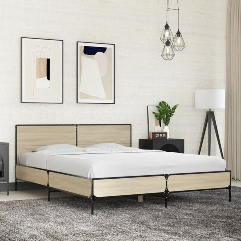 Bettgestell Vidaxl in Sonoma-Eiche Natur aus Holzwerkstoff und Metall im Industrial-Design B/T: 150 x 200 cm - Bild 1