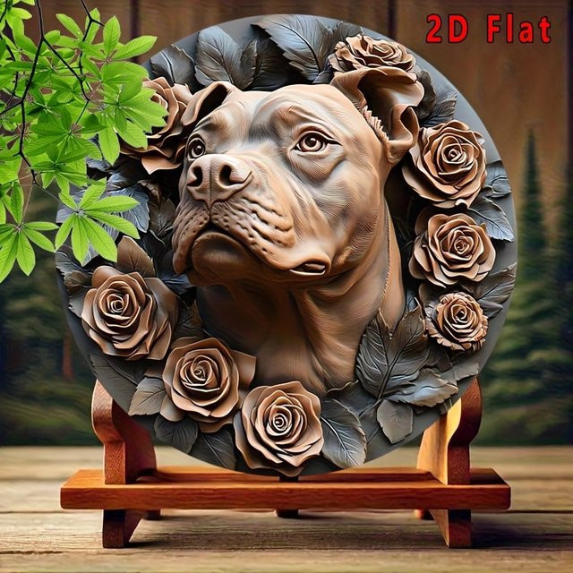 Potdemiel Wandkunst Pitbull mit Rosen, runde Metall-Dekoration für den Tisch, Durchmesser: 20 cm - Bild 1