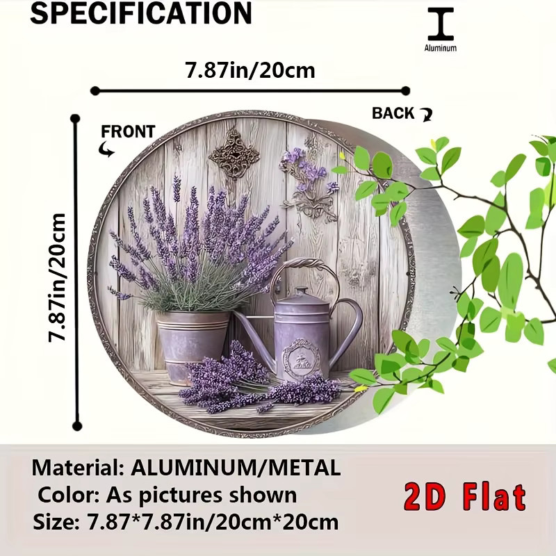 Potdemiel Rundes Aluminium-Wandkunstschild im Vintage-Stil mit Lavendel-Blumenmotiv, Farbe: Lila, Durchmesser: 20 cm - Bild 3
