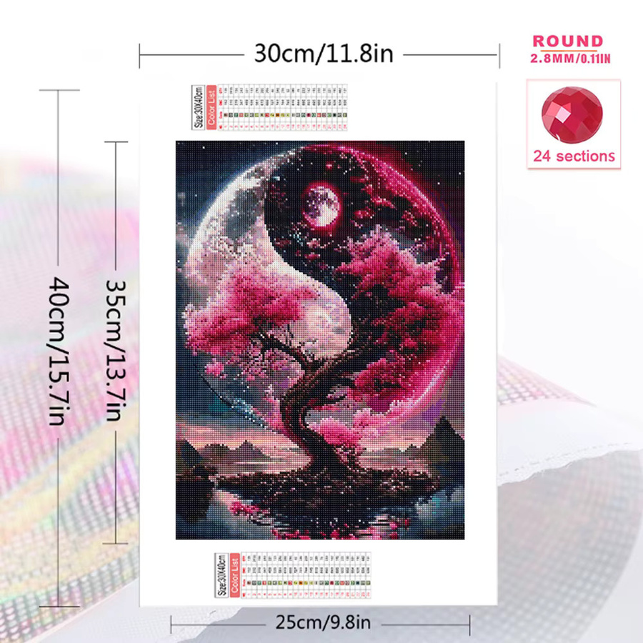 Momoart DIY Diamantmosaik Set Baum Landschaft mit Mond, Acryl Handwerk für Erwachsene, Pink - Bild 2