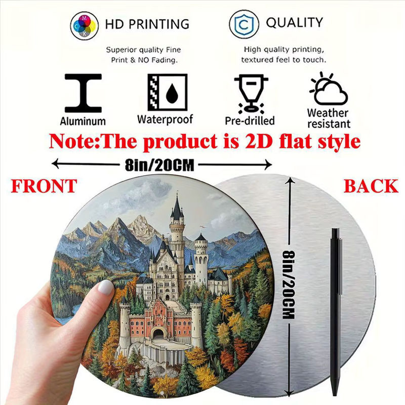 Vintage Neuschwanstein Schloss Wandkunst aus Metall, rundes Metallschild mit Landschaftsmotiv, mehrfarbig, Durchmesser: 20 cm - Bild 3