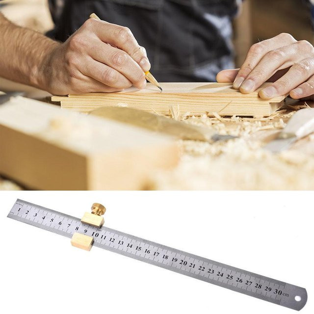 Fishine Stahllineal mit Messing-Schiebeblock für die Holzbearbeitung, Farbe: Beige/Silber, Länge: 30 cm - Bild 1