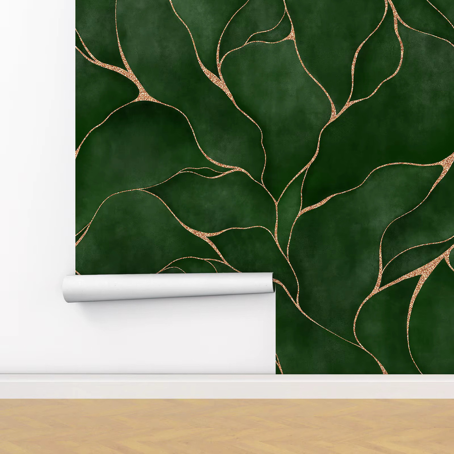 Pixel&Wall Tapetenwandbild mit grünen Aquarellblättern und gelber Linie, modernes florales Design als selbstklebende Tapetenrolle - Bild 2