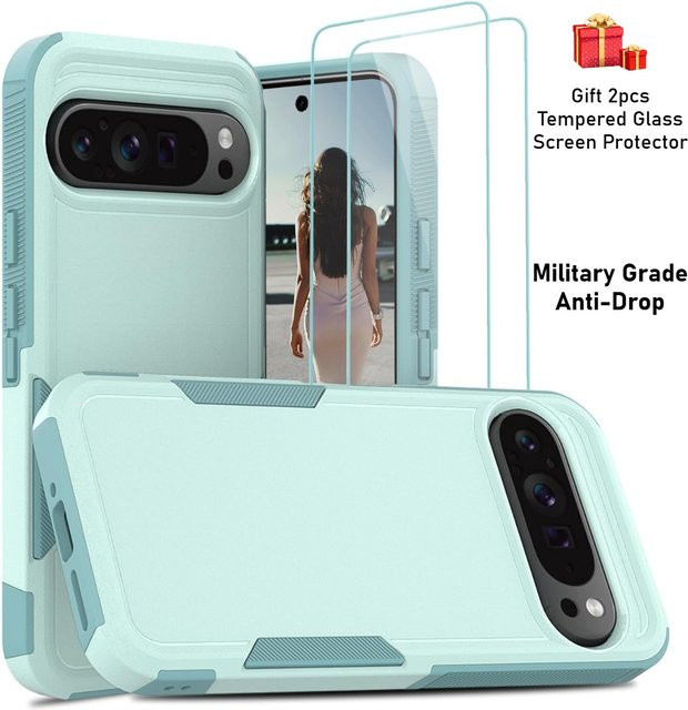 Stoßfeste Fallschutzhülle in Militärqualität für Google Pixel 10 Pro XL, 9 und 8 inklusive Displayschutzfolie aus gehärtetem Glas in Schwarz oder Türkis - Bild 1