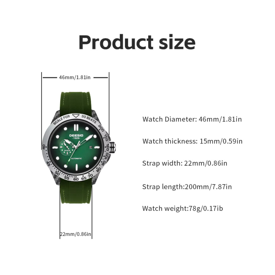 Deesio Armbanduhr Automatik, Karbonfaser, Edelstahl, Grün, Herren - Bild 6