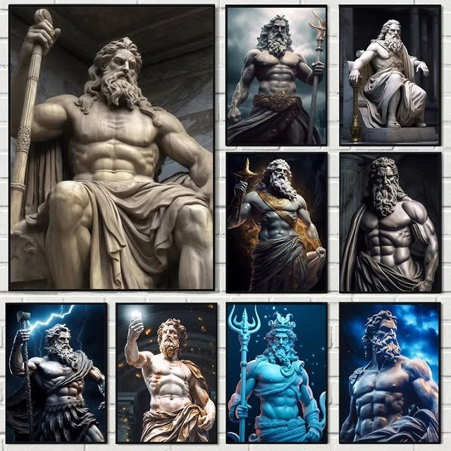 Minimalistisches Leinwandgemälde Zeus-Skulptur von Potdemiel in Schwarz-Weiß als Wandkunst im Porträtformat - Bild 1