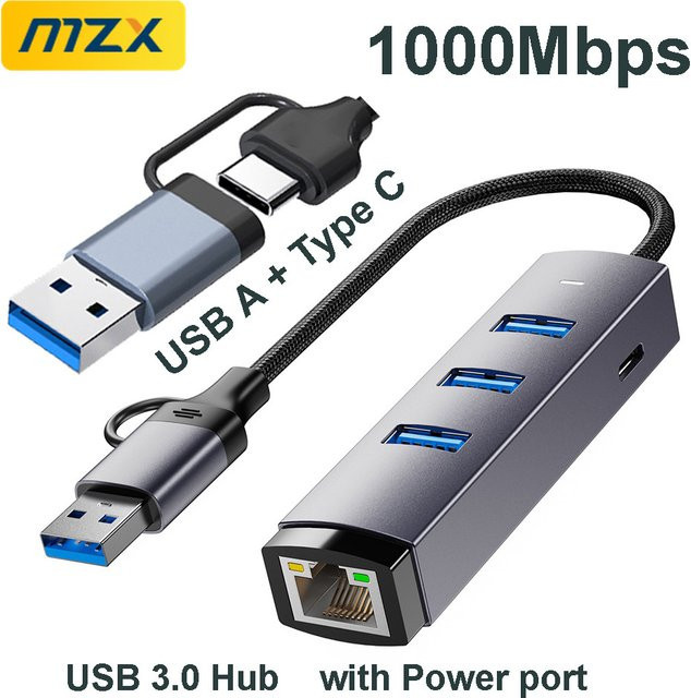 MZX Gigabit USB 3.0 Hub Adapter mit 1000Mbps RJ45 Ethernet Netzwerkkarte für USB-A und USB-C PC Laptop MacBook - Bild 1
