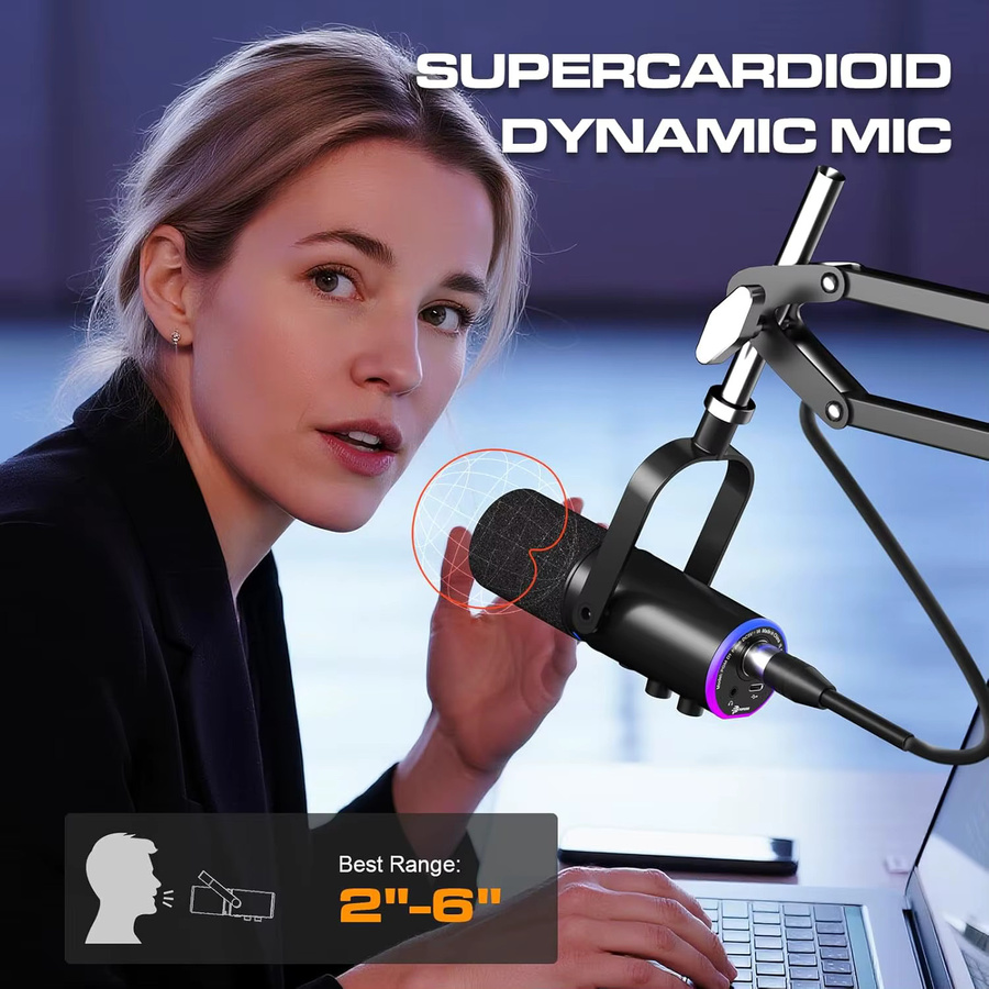 ORTIZAN XLR/USB-Podcast-Mikrofon in Schwarz mit Mikrofonarm-Ständer, Geräuschunterdrückung und Stummschalttaste - Bild 2