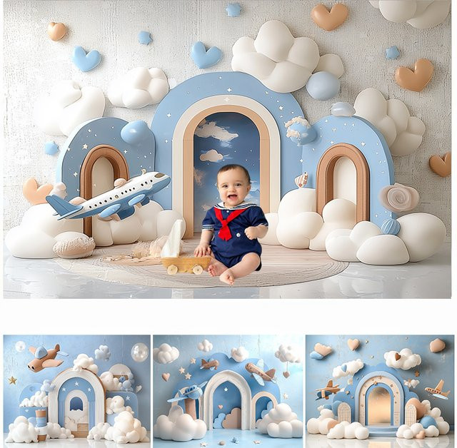 LS Fotografie Hintergrund Um die Welt mit Flugzeug für Kindergeburtstage und Babypartys in Blau - Bild 1