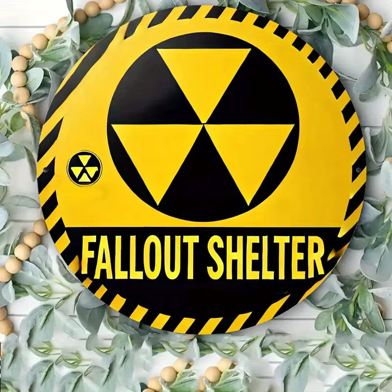 Potdemiel Vintage Aluminium Wandbild Nuclear War Shelter Schild in Gelb und Schwarz, Durchmesser: 20 cm - Bild 4
