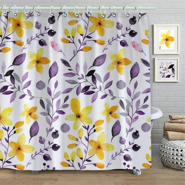 Floraler Duschvorhang mit Aquarell-Blumenmuster in Gelb, Lila und Grau aus Polyester, B/H: 90 x 180 cm - Bild 1