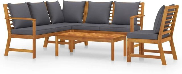 vidaXL 5-tlg. Garten-Lounge-Set aus Akazienholz in L-Form mit grauen Auflagen - Bild 1