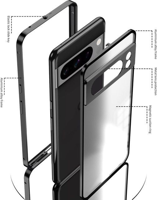 Magnetische Handyhülle aus Aluminiumlegierung mit Bumper Frame und matter Rückseite für Google Pixel 7 Pro, 7A, 8 Pro, 8A und Pixel 9 Pro XL in Schwarz oder Silber - Bild 1