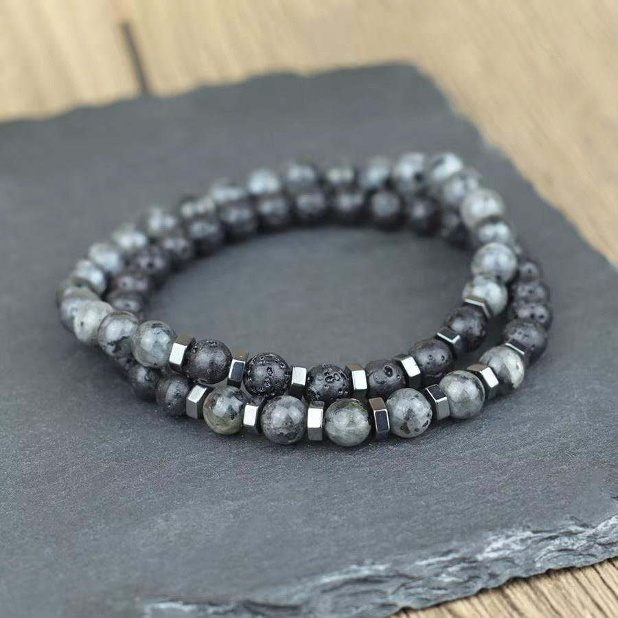 diffone Herren-Armband, 2-teiliges Set, Naturstein, Perle, Vintage, Schwarz - Bild 2