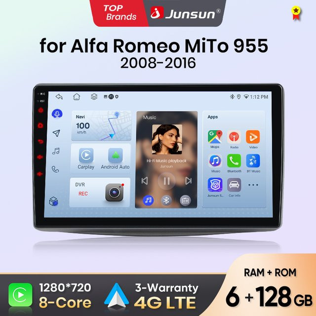 Junsun Android Auto Autoradio für Alfa Romeo MiTo mit Wireless Apple CarPlay, 9.0 Zoll IPS Touchscreen Multimedia Stereo Videoplayer, Schwarz - Bild 1